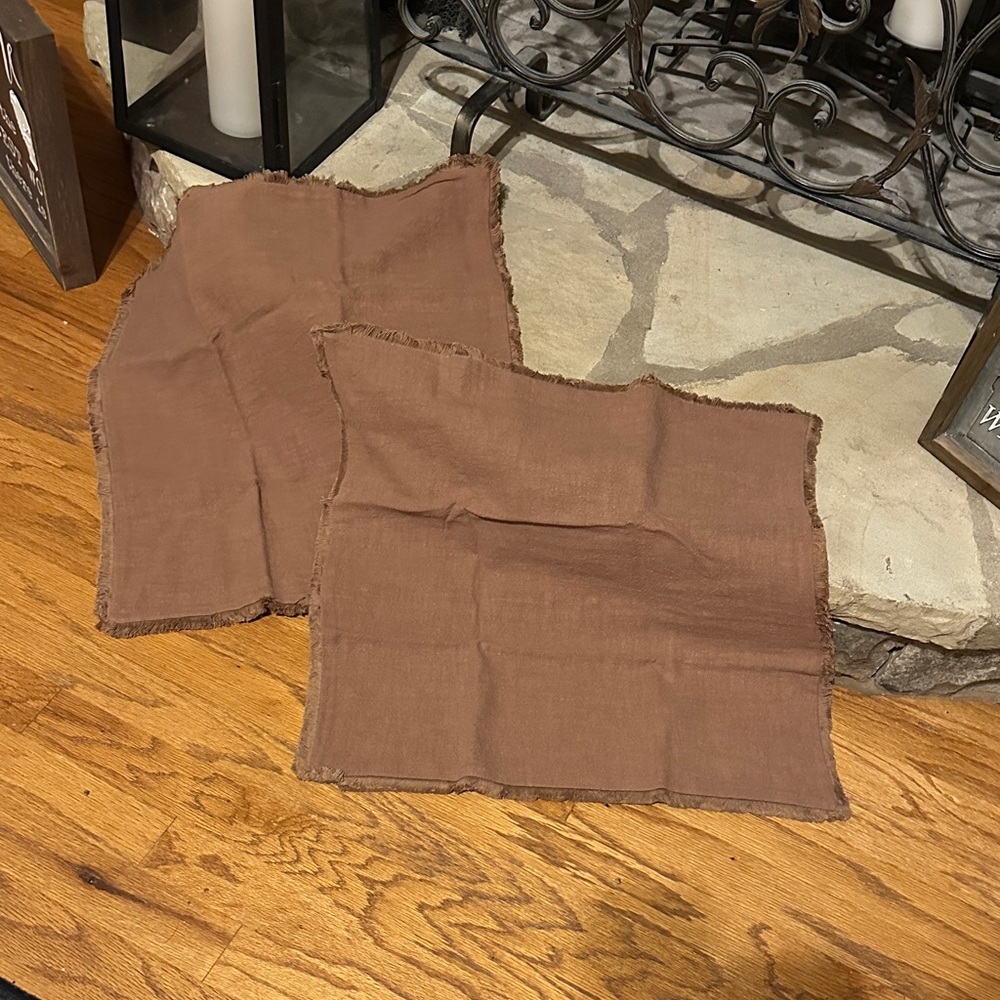 New Set of 2 Brown Linen Pillow Covers for Indoor Use with Fringe
